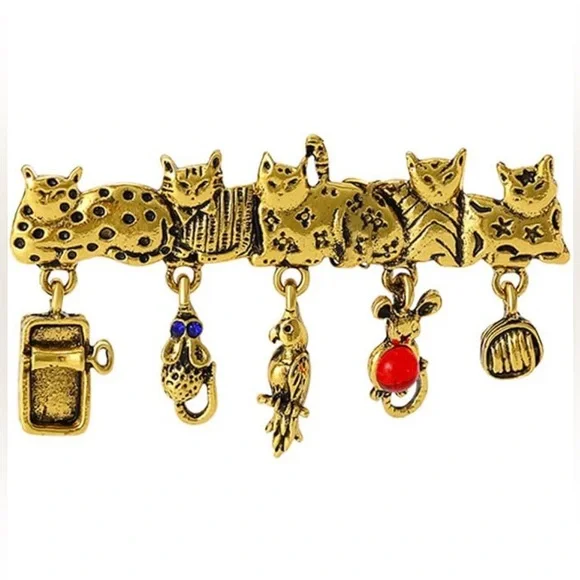 Gold Cat Brooch with Charms - Picture 1 of 5
